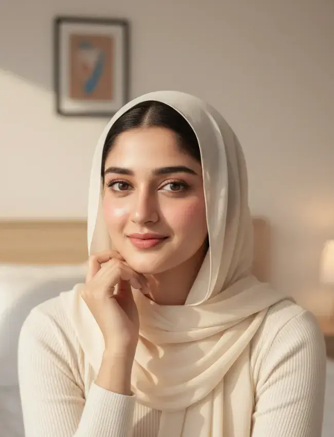 Stylish Gemini AI hijab DP featuring a confident pose, trendy outfit, soft focus background, and influencer-style look.